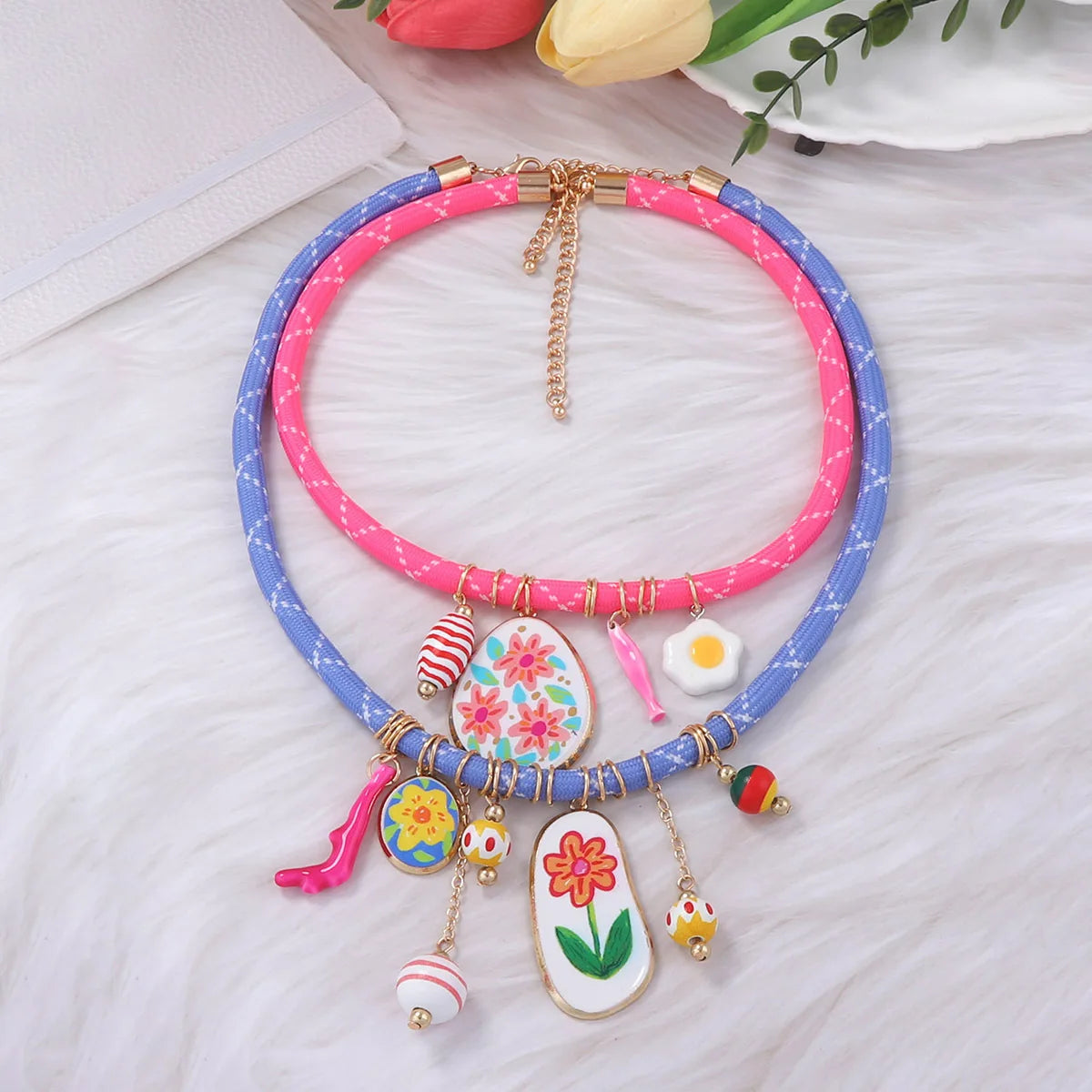 ZAA Personalized Trendy Colorful Rope Flower Coral Egg Necklace
