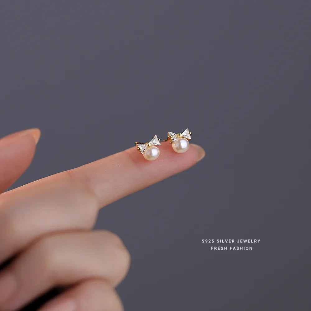 Korea Exquisite Vintage Zirkon Perle Bogen Süße Stud Ohrringe für Frauen 925 Sterling Silber Schmuck