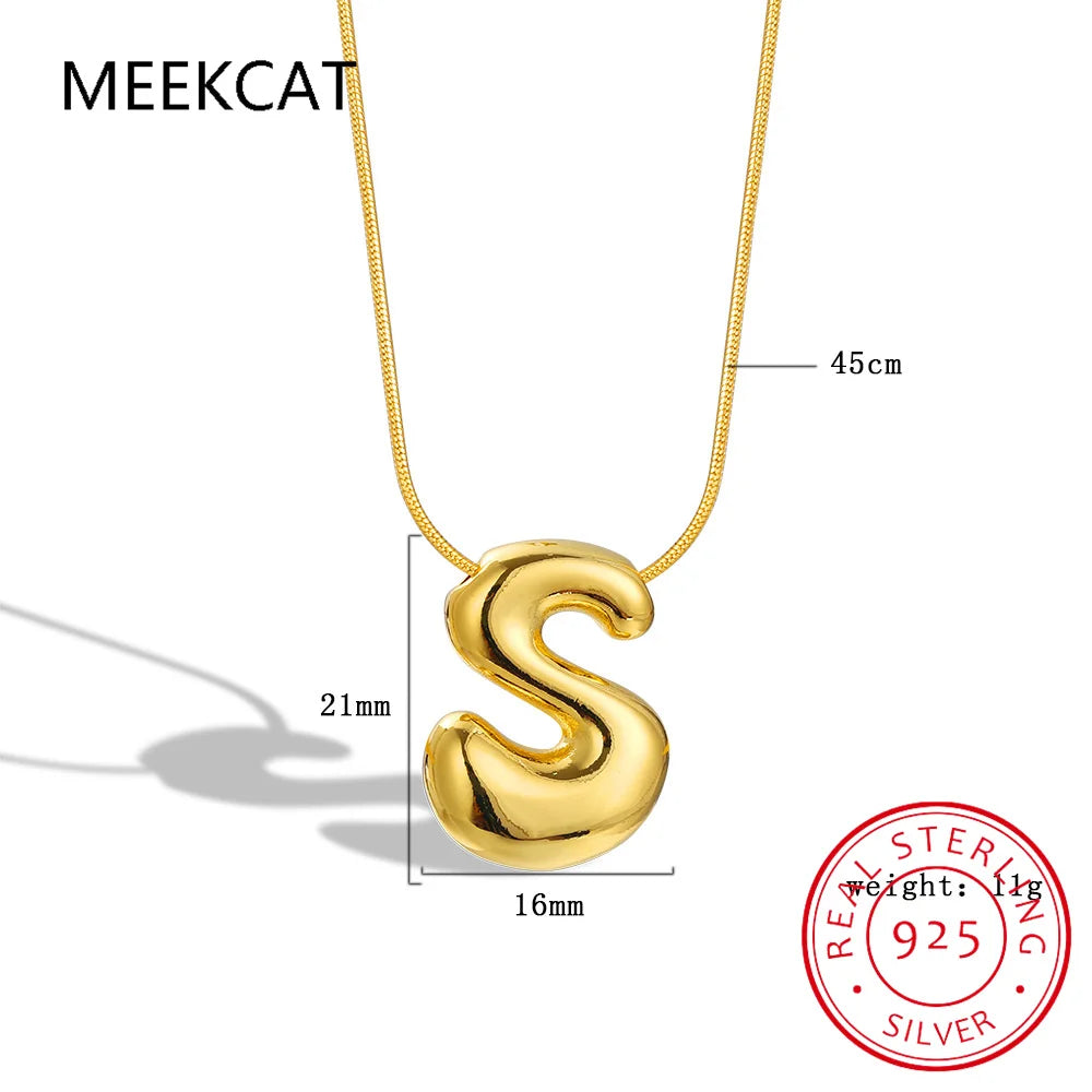 Collares 925 Sterling Silver Chunky Alphabet Balloon Bubble Initial Letter Pendant Necklace for Women Men Charm Necklaces