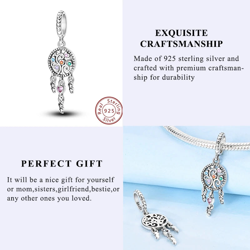 925 Sterling Silver Pendant Charms Feather Dreamcatcher Charm Bead For Original Charm Bracelet Necklace Bead DIY Jewelry Gift