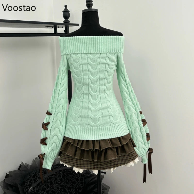 Autumn Winter Sweet Lolita Style 2 Piece Set Women Kawaii Slash Neck Bow Knitted Sweater Mini Cake Skirt Suit Femme Y2k Outfits