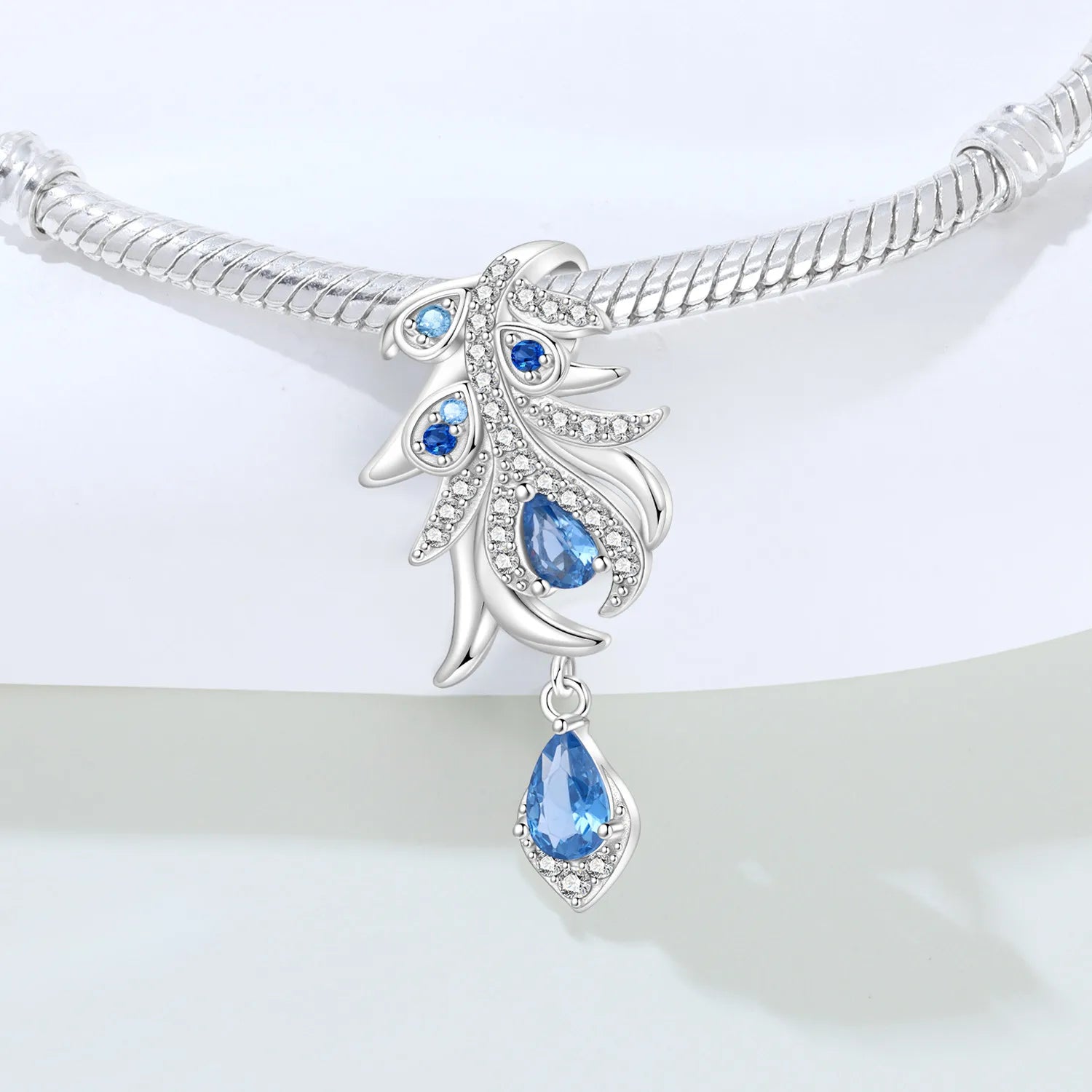 PANPOKI 925 Sterling Silver Blue Feather Lucky Symbol Beads Original Pendants Bracelet Charm Jewelry Party DIY Trendy Gifts