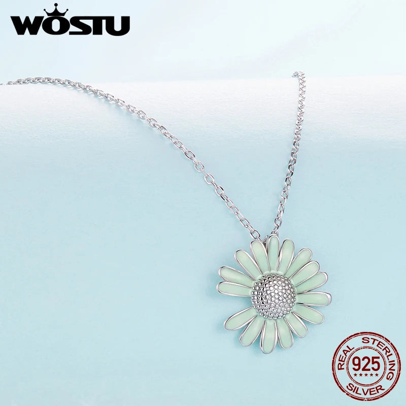 WOSTU Real 925 Sterling Silver Daisy Flower Necklace Gifts for Women, Green Enamel process Flower Pendant Party Xmas Jewelry New