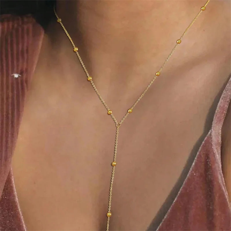 Vintage Gold Color Long Chain Drop Necklaces for Women Simple Metal Geometric Bead Tassel Choker Girls Party Aesthetics Jewelry