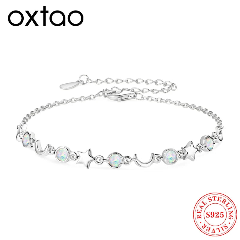 OXTAO Unique Design White Artificial Opal Bracelet Women's Fashion Star&Moon Real 925 Silver Fine Birthday Party Jewelry Gifts