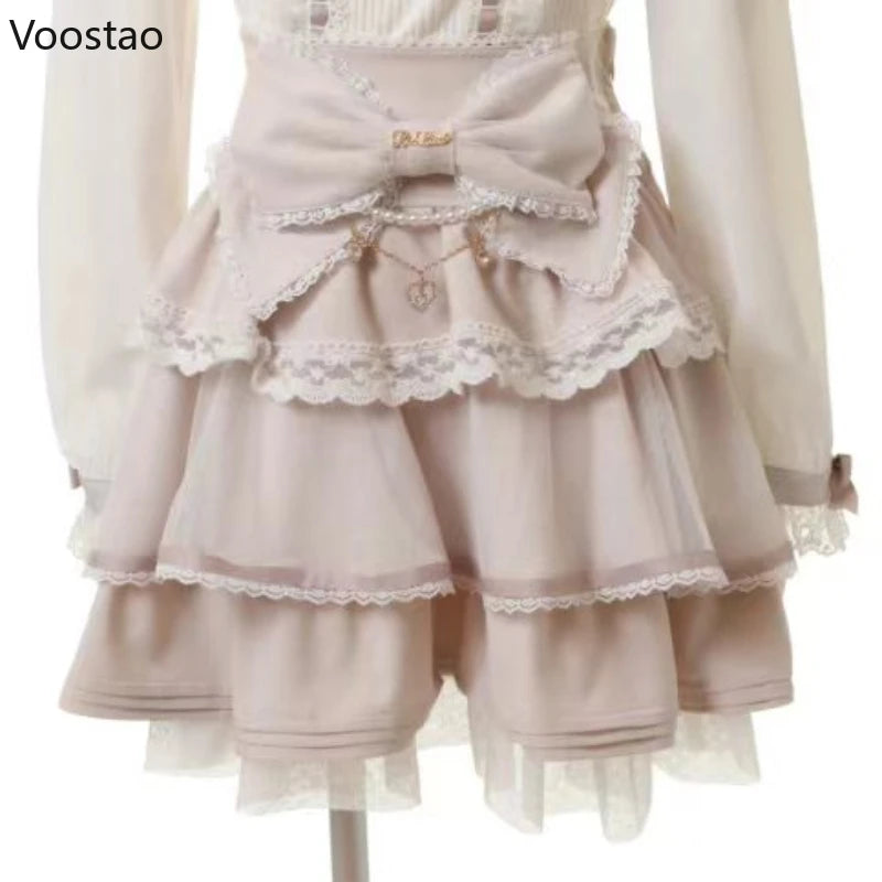 Japanese Sweet Lolita Style Mini Skirt Women Elegant Bow Pearl Chain Party Cake Skirts Female Gothic Y2k Lace Ruffle Short Skirt