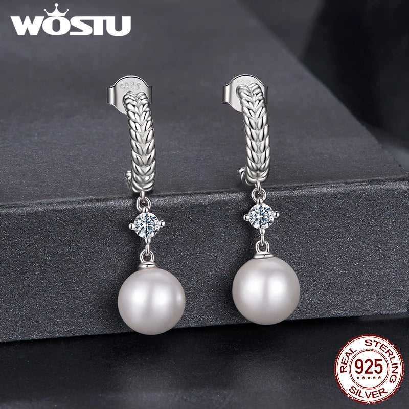 WOSTU 0.2CT Moissanite & Pearl Drop Stud Earrings For Women, Braided Dangle Earrings Wedding Engagement Party Jewelry Gift