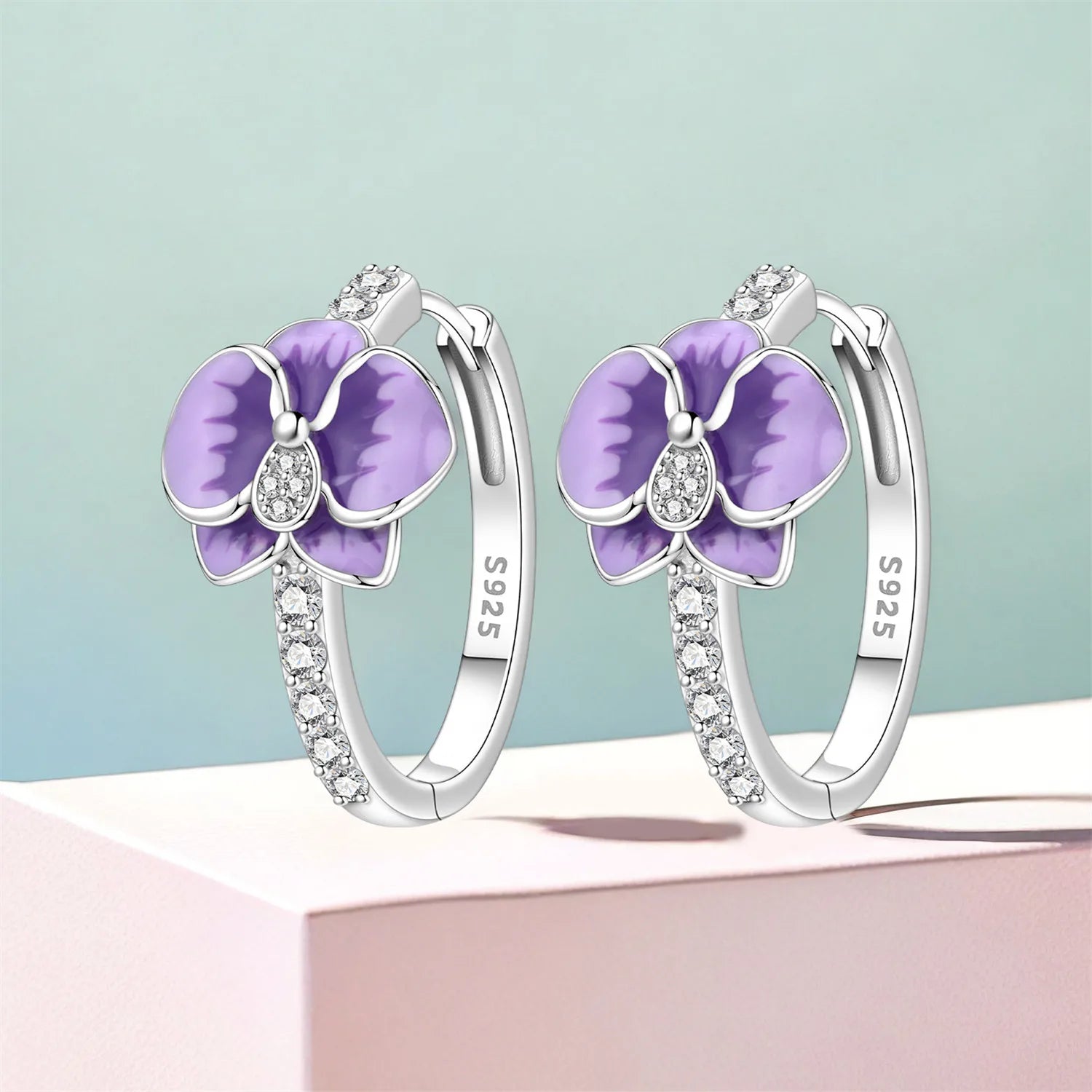 PANPOKI S925 Sterling Silver Purple Orchid Flowers Earrings Versatile Hoop Earrings For Women Jewelry Original Party Gifts