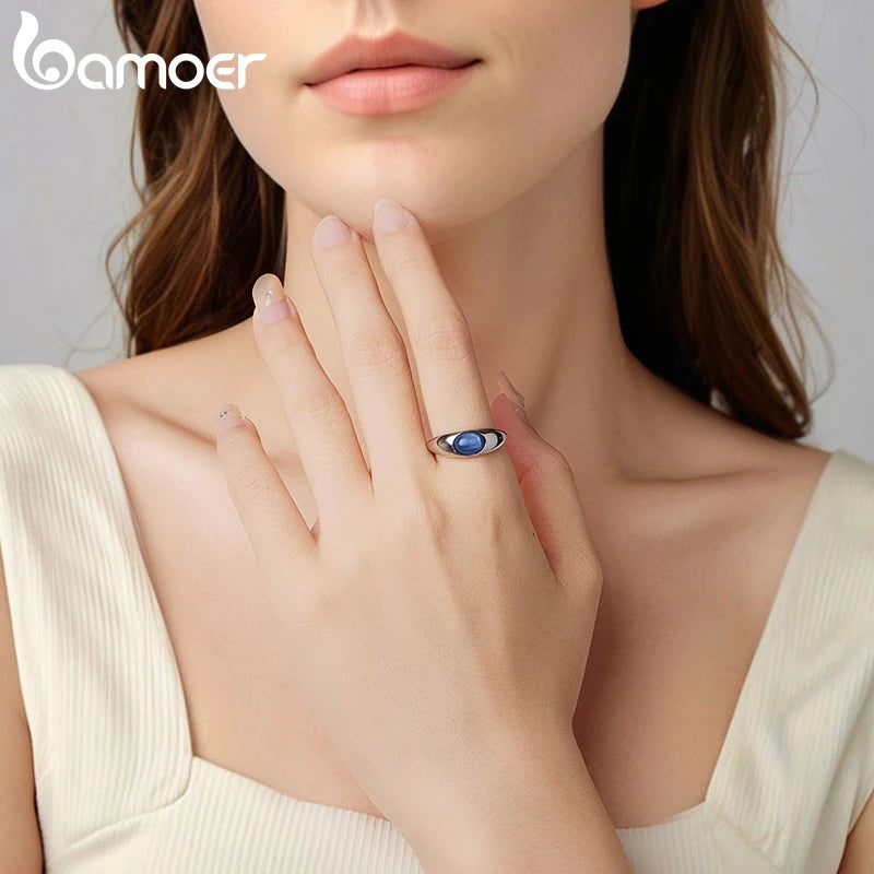 BAMOER 925 Sterling Silver Blue Kyanite Open Ring Chunky Statement Ring for Women Girl Lapis Lazuli Jewelry Minimalist Gift