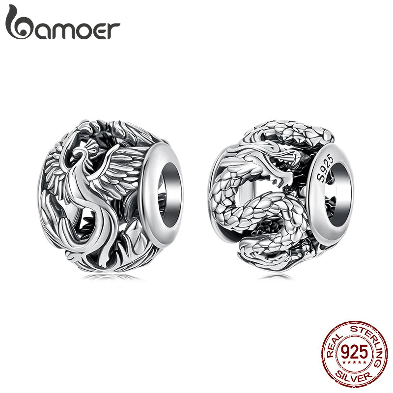 BAMOER 925 Sterling Silber Phönix Fliegender Drache Charm Perle Passend für Original Armbänder, Runde Hohlperlen DIY Schmuckzubehör