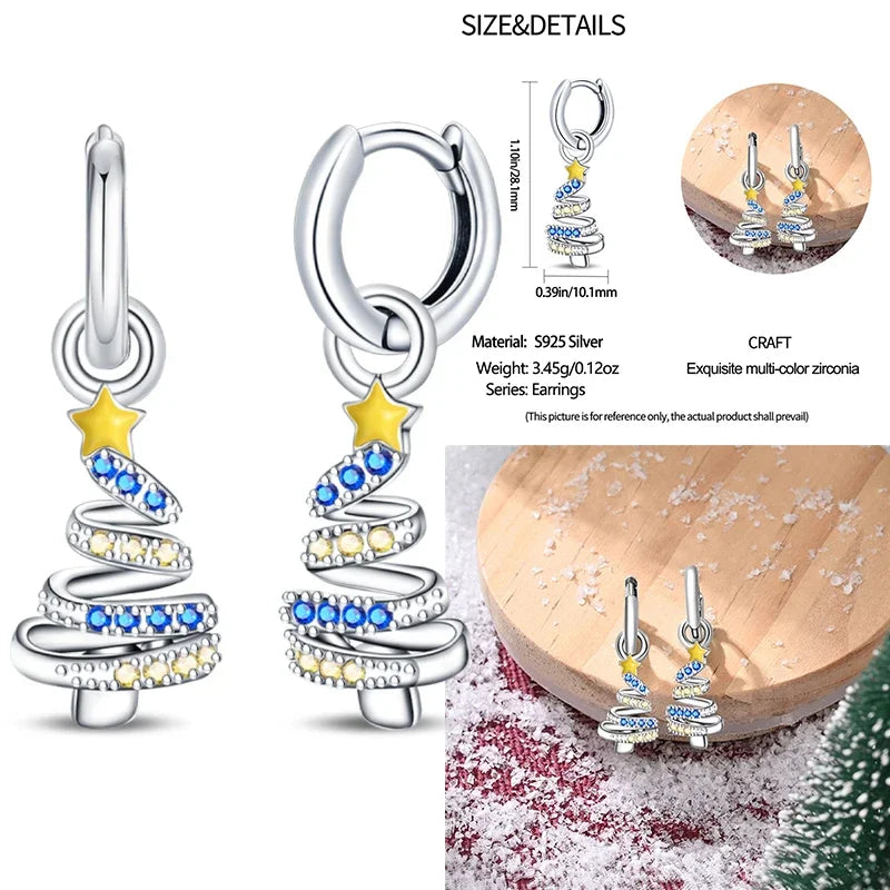 925 Sterling Silver Christmas Blue Snowflakes Tassel Diamond Earrings Red Bow for Women Creative Jewelry Christmas Themed Gifts