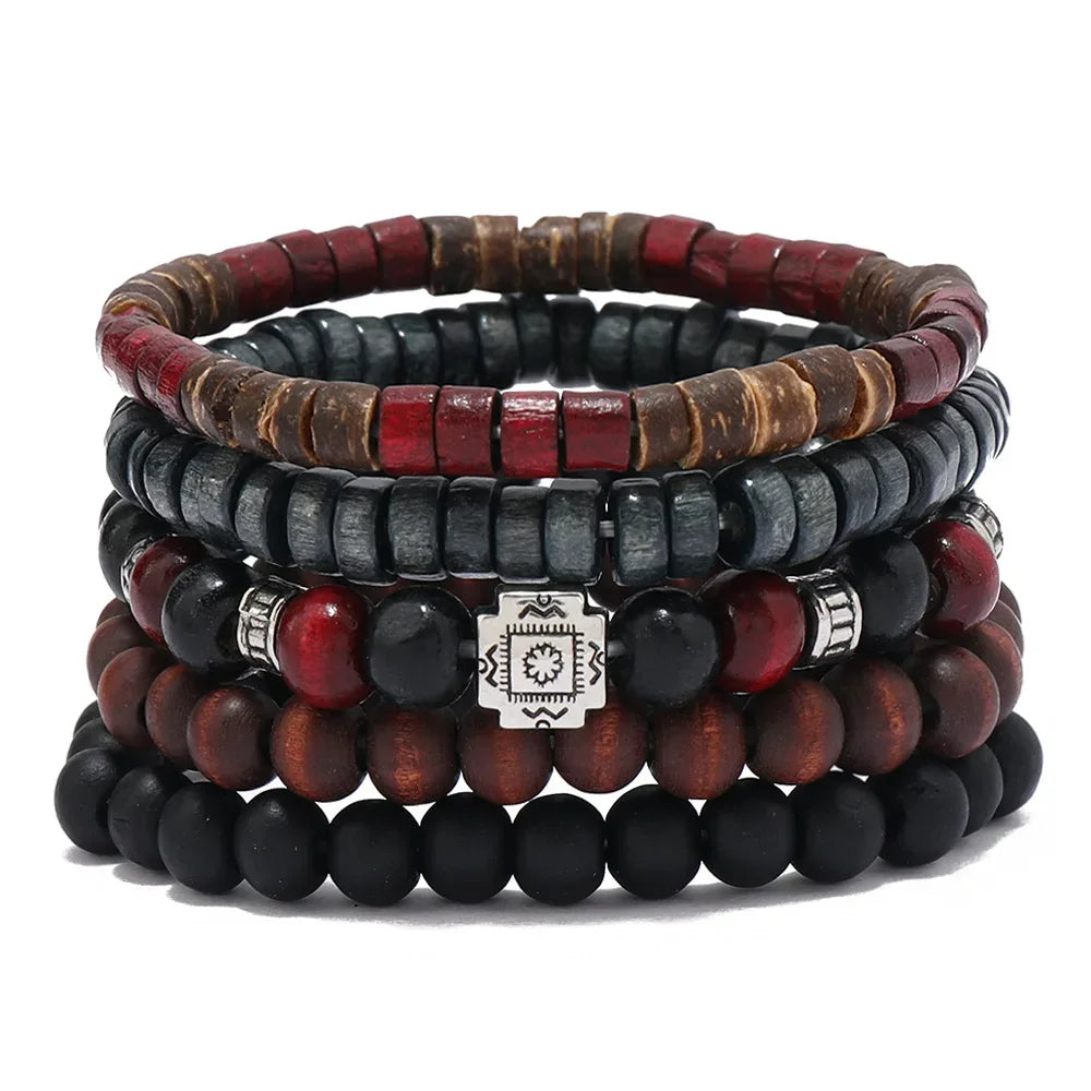Vintage Cross Multi-Layer Beaded Wooden Beads Men's Bracelet Multi-Piece Set Bracelet