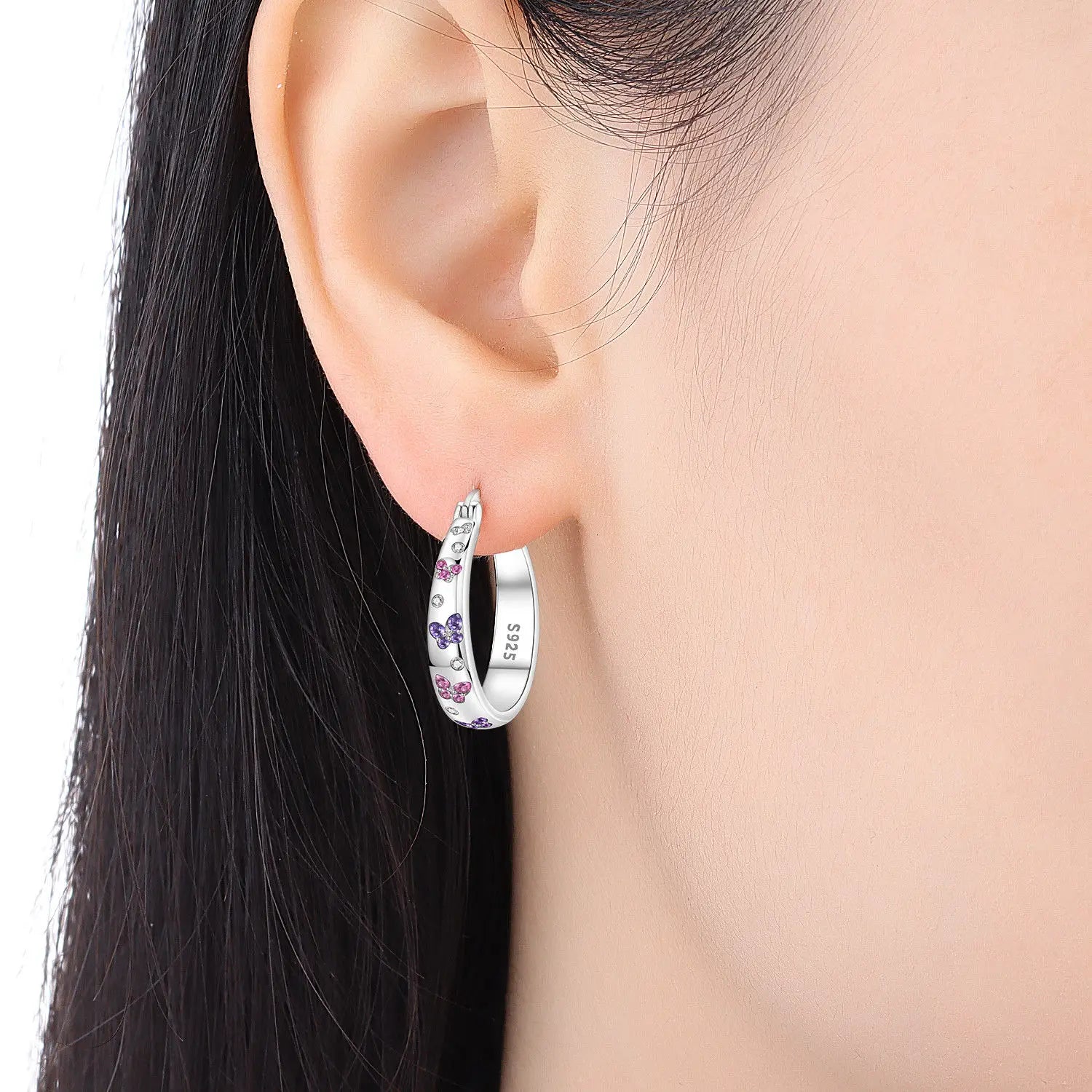 PANPOKI Original 925 Sterling Silver Pink Purple Butterfly Insects Earrings Women Hoop Earring Anniversary Jewelry Trendy Gifts