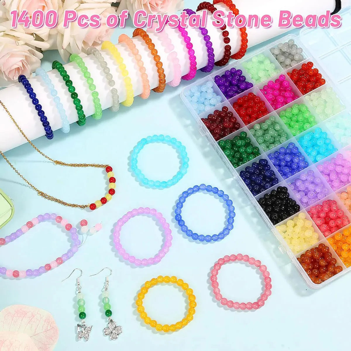 1400 Piecess 6mm Round Glass Beads For Jewelry Making, 28 Colors Crystal Beads For Bracelets Jewelry Making And DIY Crafts