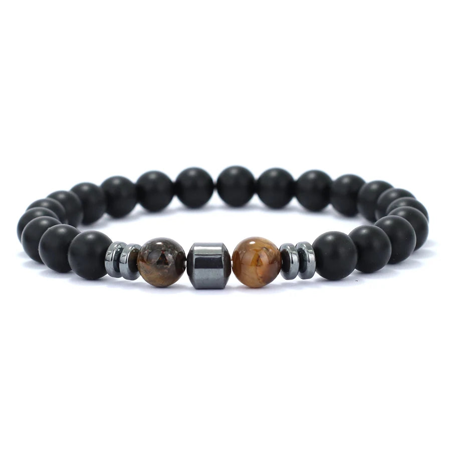 Stylish Men Bracelet Natural Tiger Eyes Volcanic Rock Healing Braslet Handmade Black Onyx Stone Strand Braclet Pulsera Hombre