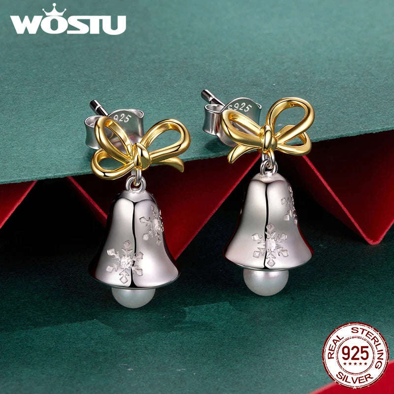 WOSTU Big Christmas Snowflake Bell Earrings, Sterling Silver Bow Pearl Drop Dangle Earrings for Women Holiday Party Ear Jewelry