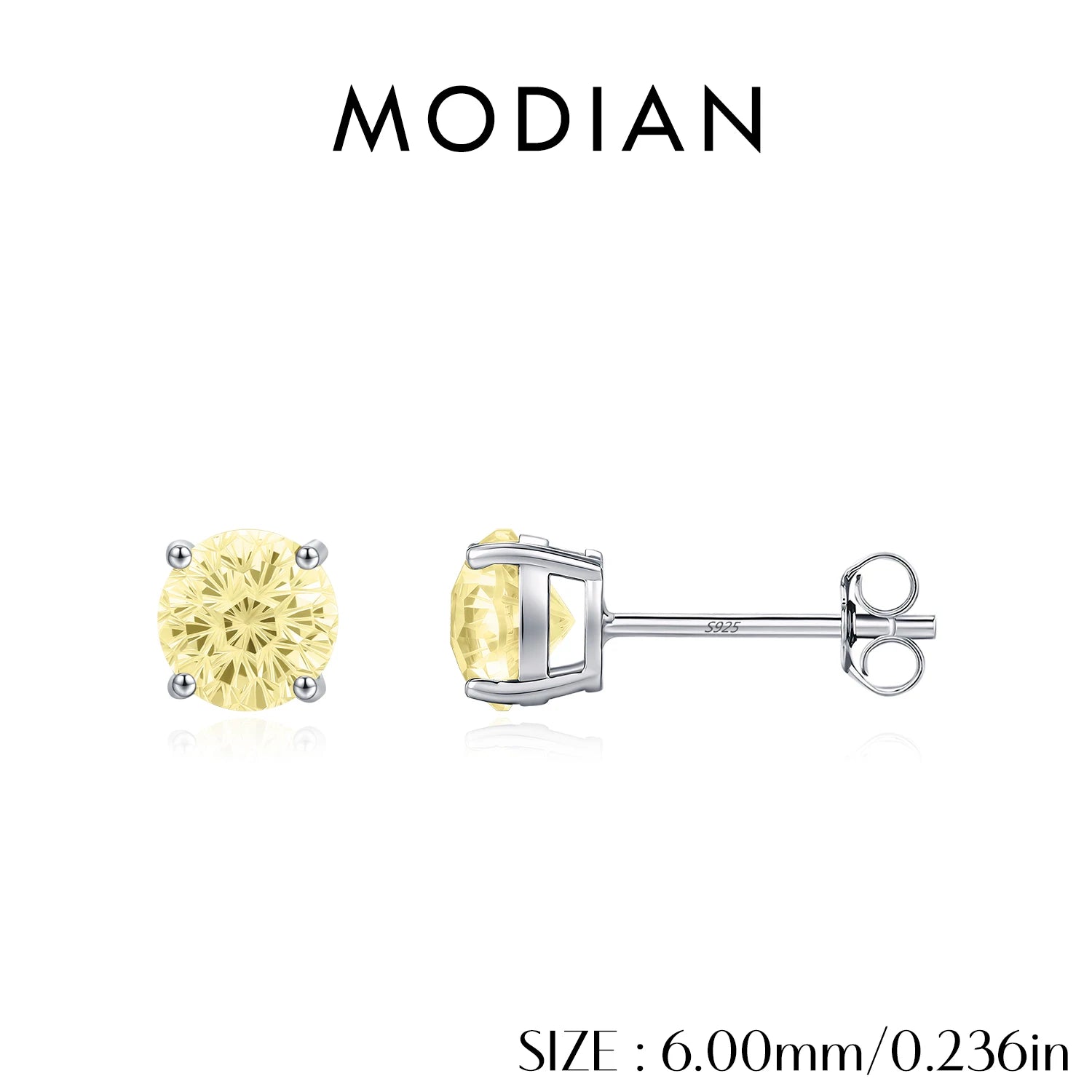 MODIAN 925 Sterling Silver Fashion Light Yellow Firework Cut Zircon Round Studs Earrings For Women And Men Fine Jewelry