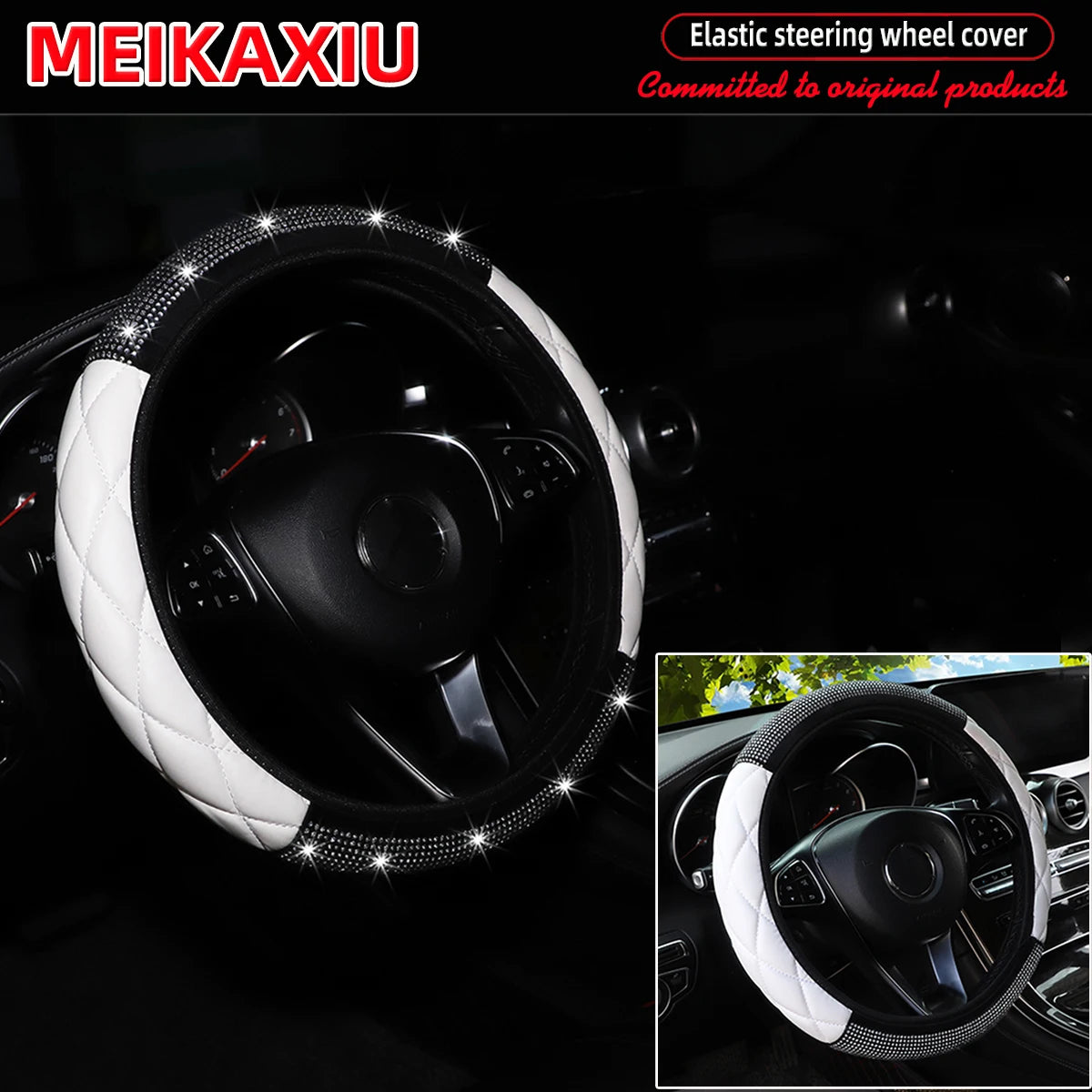 Soft PU leather diamond-encrusted sparkling car steering wheel cover without inner ring, suitable for women of 38cm15inch