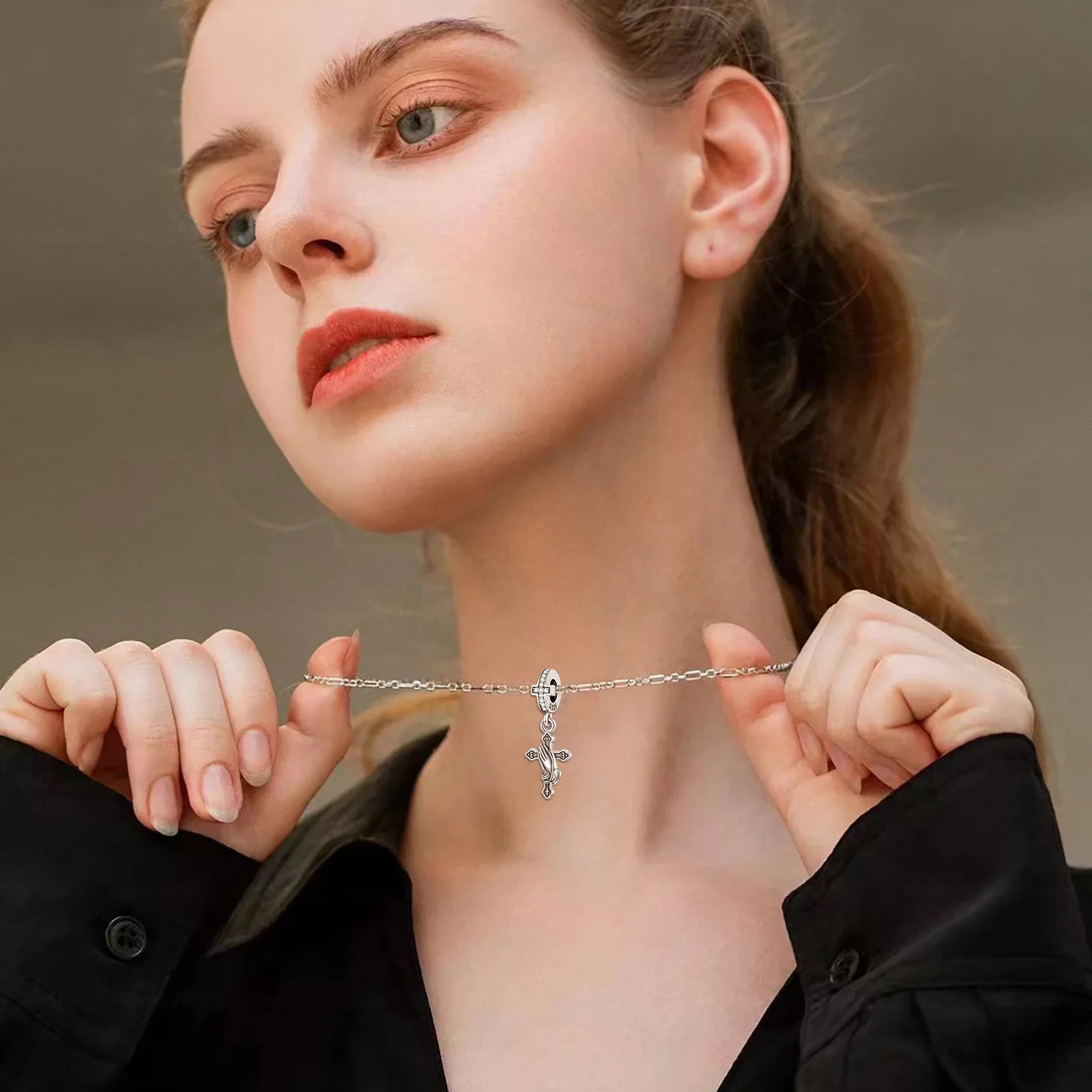 Eudora 925 Sterling Silver Vintage Cross Prayer Hands Pendant Necklace DIY Zircon Christianity Religious Jewelry for Women Men
