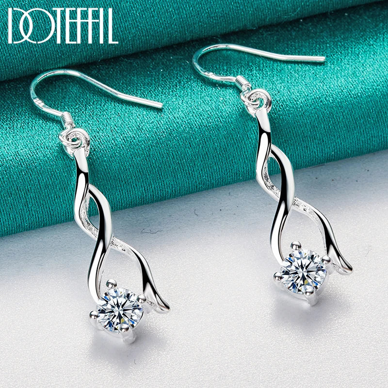 DOTEFFIL 925 Sterling Silver AAA Zircon Geometry Drop Earring For Woman Lady Wedding Engagement Party Fashion Jewelry