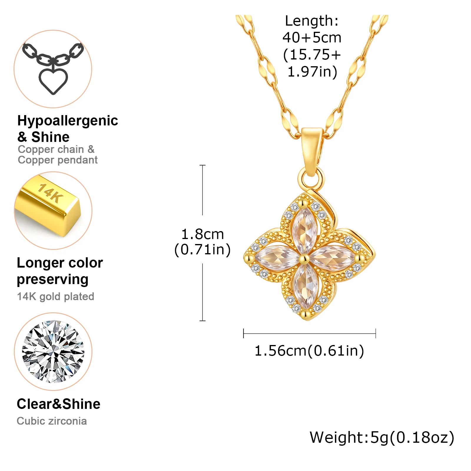 Vnox Stainless Steel Lip Chain Pendent Necklace Zircon Four Leaf Flower Rotatable Necklace For Women Charm Neck Jewelry Gift