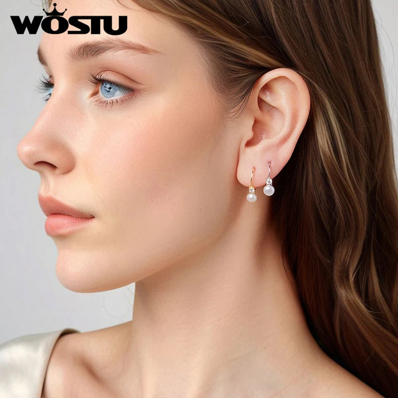 WOSTU Moissanite Natural Pearl Stud Earrings Lab Diamond 925 Silver 18K Gold Women Wedding Drop Hoops Gift For Lover Daughter