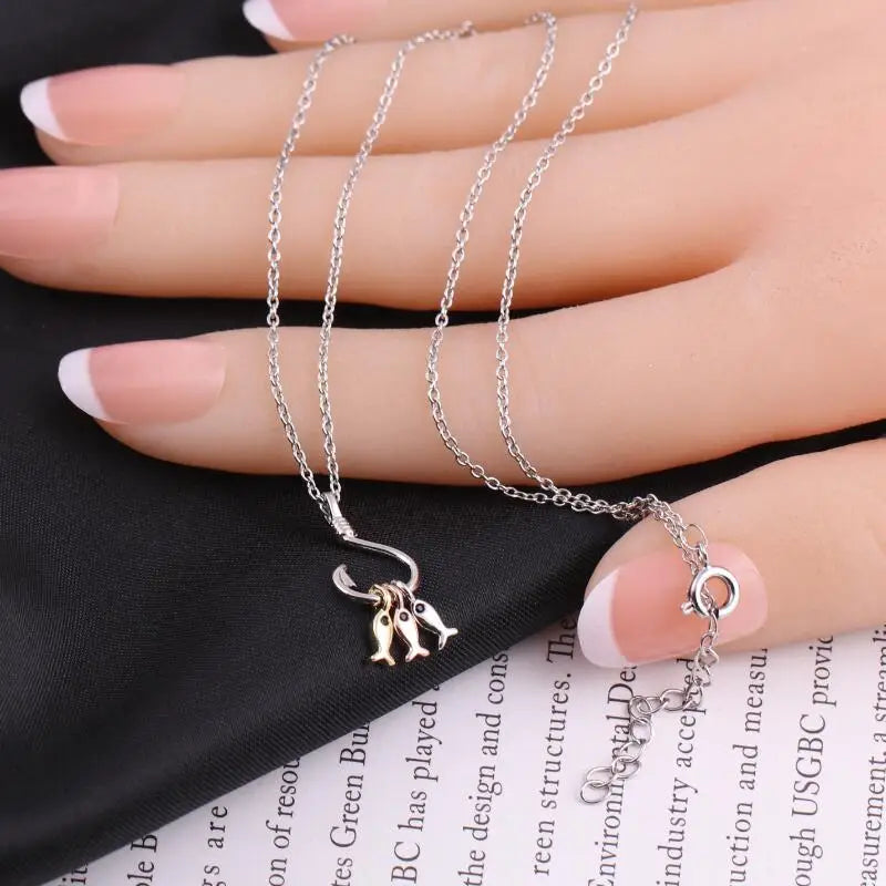 ANENJERY Silver Color Cute Three Small Fish Pendant Necklace With Fish Hook Charms Jewelry For Best Friend Gift