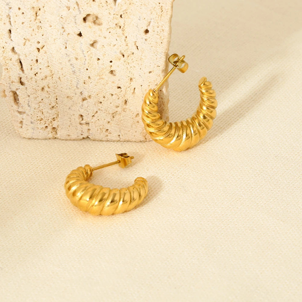 Stylish 18K Gold Plated Stainless Steel Croissant Stud Earrings for Women Waterproof  Texture Hoops Party Gift