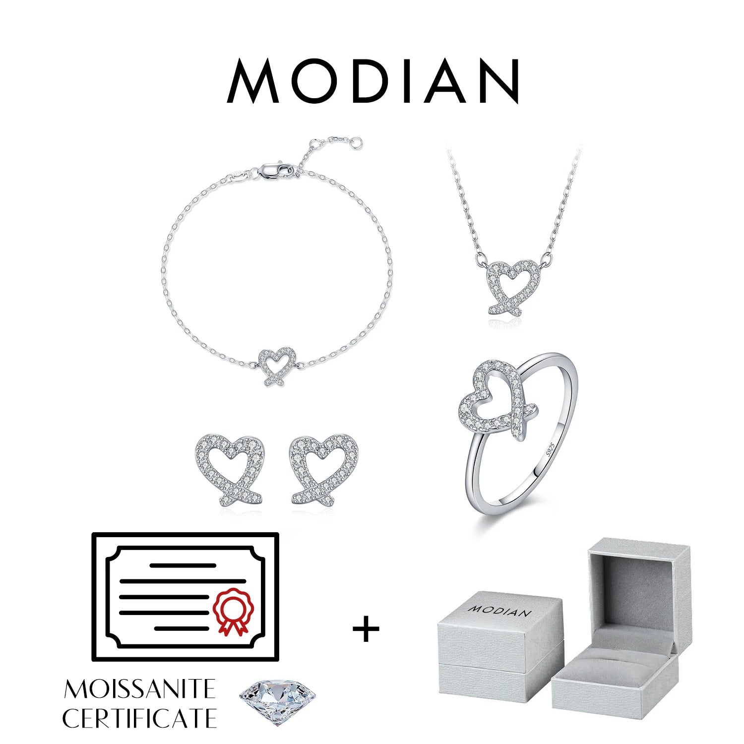 MODIAN Sparkle Moissanite Sets 925 Sterling Silver Sweet Irregular Heart Earrings Ring Bracelet Necklace For Women Jewelry Sets