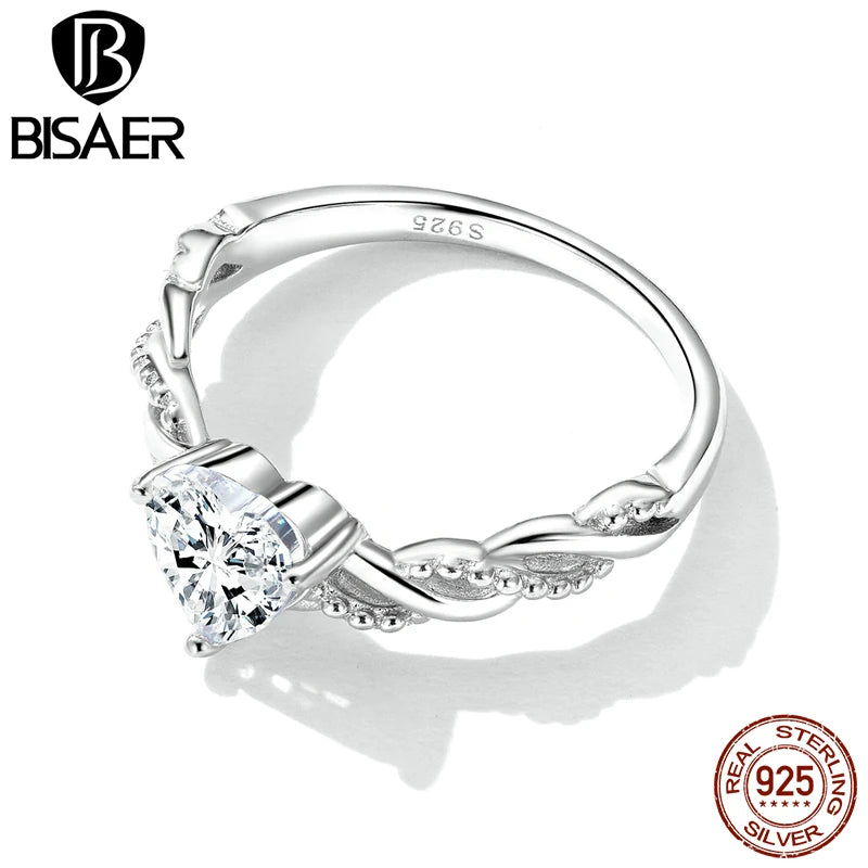 BISAER 925 Sterling Silver Ring Heart Romantic Zircon Plated Platinum For Women Wedding Promise Statement Rings Fine Jewelry