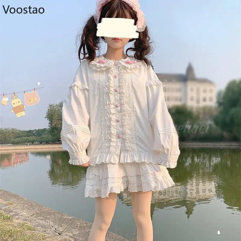 Japanese Cute Lolita Blouses Women Kawaii Candy Peter Pan Collar JK Shirt Tops Girls Sweet Lace Ruffles Puff Sleeve Chic Blouse