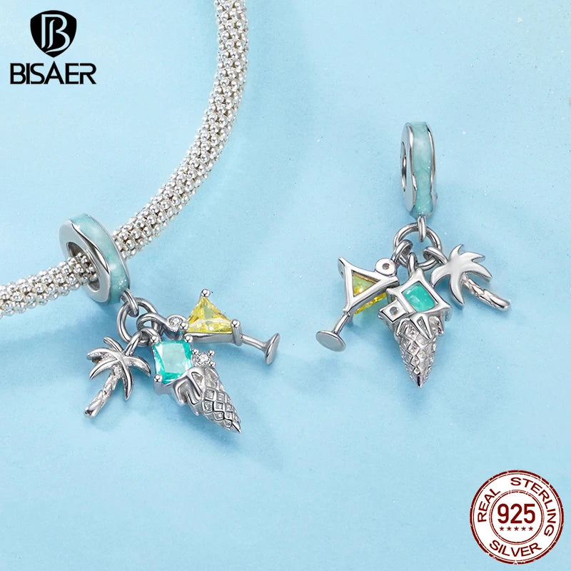 BISAER 925 Sterling Silver Donut Pendant Sweet Candy Coffee Summer Drinks Charm Bead for Women DIY Bracelet Fine Jewelry Gift