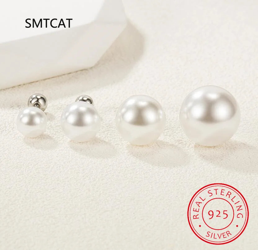 Real 925 Sterling Silver Round 6/8/10/12MM Pearl Screw Bead Stud Earrings For Women Cute Fine Jewelry Minimalist Accessories