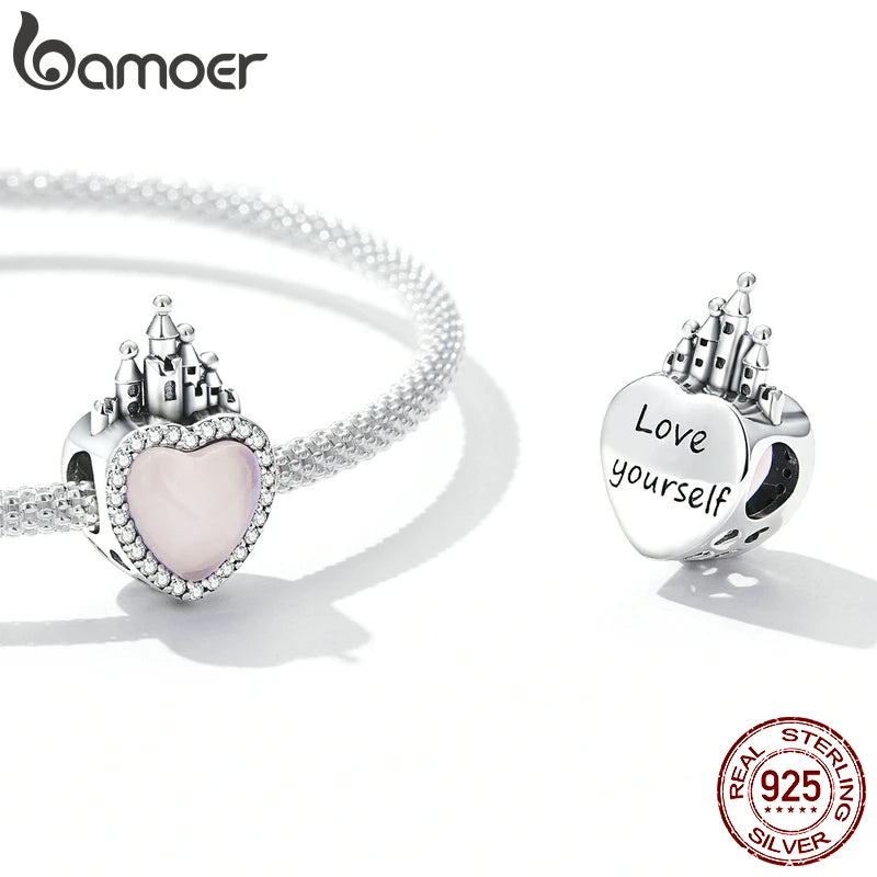 BAMOER 925 Sterling Silver Heart-shape Charm Beads Fit Original Charm Bracelet Inlaid Zircon Colorful Pendants DIY Accessories