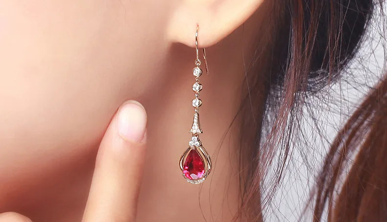 18K Rose Gold Natural Ruby Drop Earrings for Women Timeless Design Delicate Female Wedding Fine Jewelry Diamond Luxury Gift