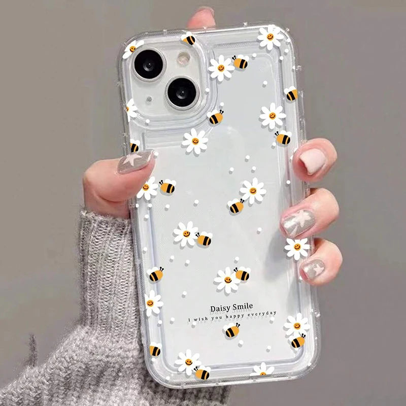 For iPhone 17 16 15 14 Plus 16E 13 12 Pro Max 7 8 Plus 17 Air Case Summer Floral Flowers Honey Bee Print Clear Phone Cases Cover
