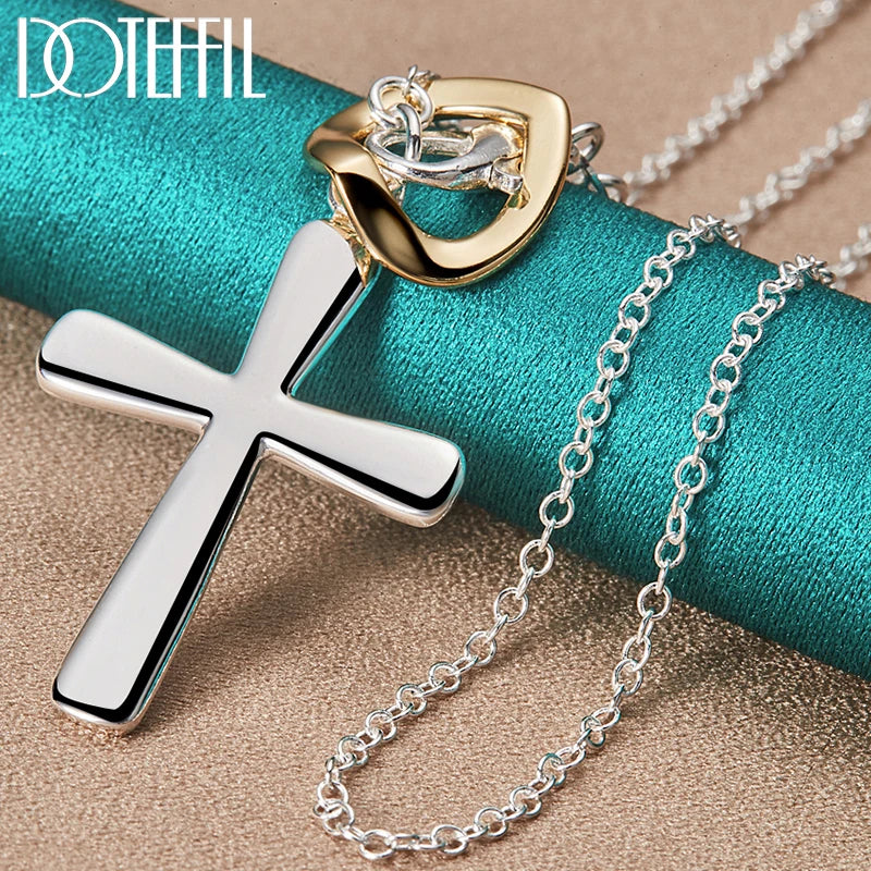 DOTEFFIL 925 Sterling Silver Cross Heart Pendant Necklace For Woman Man Wedding Engagement Party Charm Jewelry