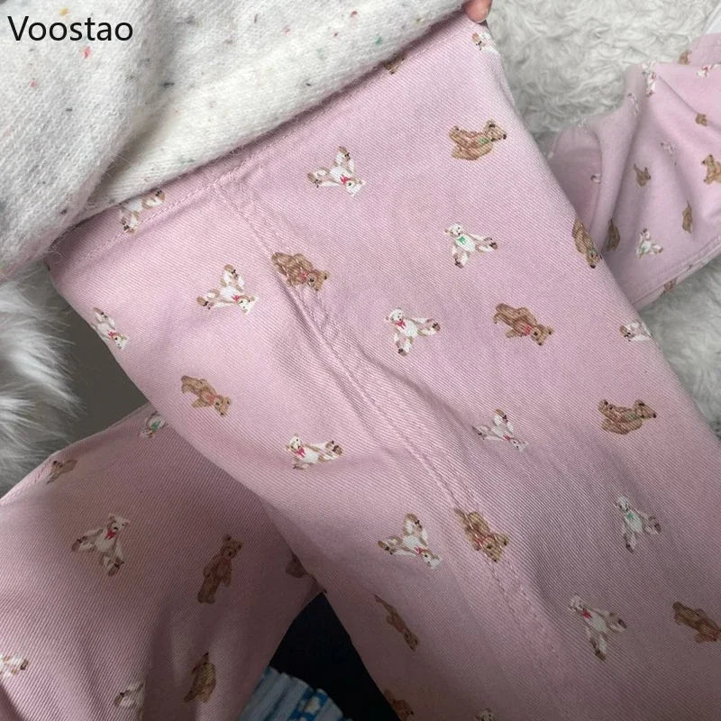 Pink Jeans Women Sweet Cute Cartoon Bear Print High Waist Wide Leg Pants Vintage Girls Casual Y2k Aesthetic Loose Denim Trousers