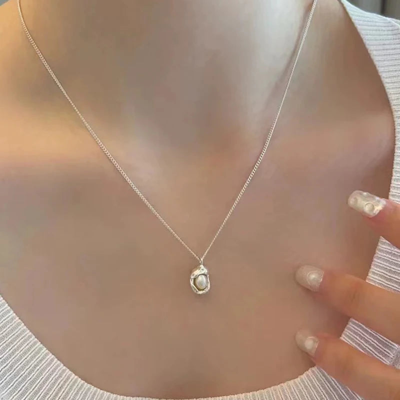 Popular 925 Sterling Silver Pearl Geometric Shape Necklace Simple Charm Ladies Pendant Choker Birthday Party Gift Fine Jewelry