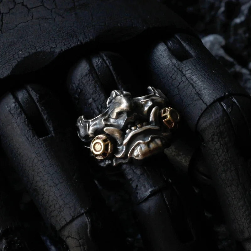 Retro Samurai Cyberpunk Mask Ring Punk Gothic Adjustable Open Ring For Men Copper Designer Jewelry Biker Accessories Unisex Gift