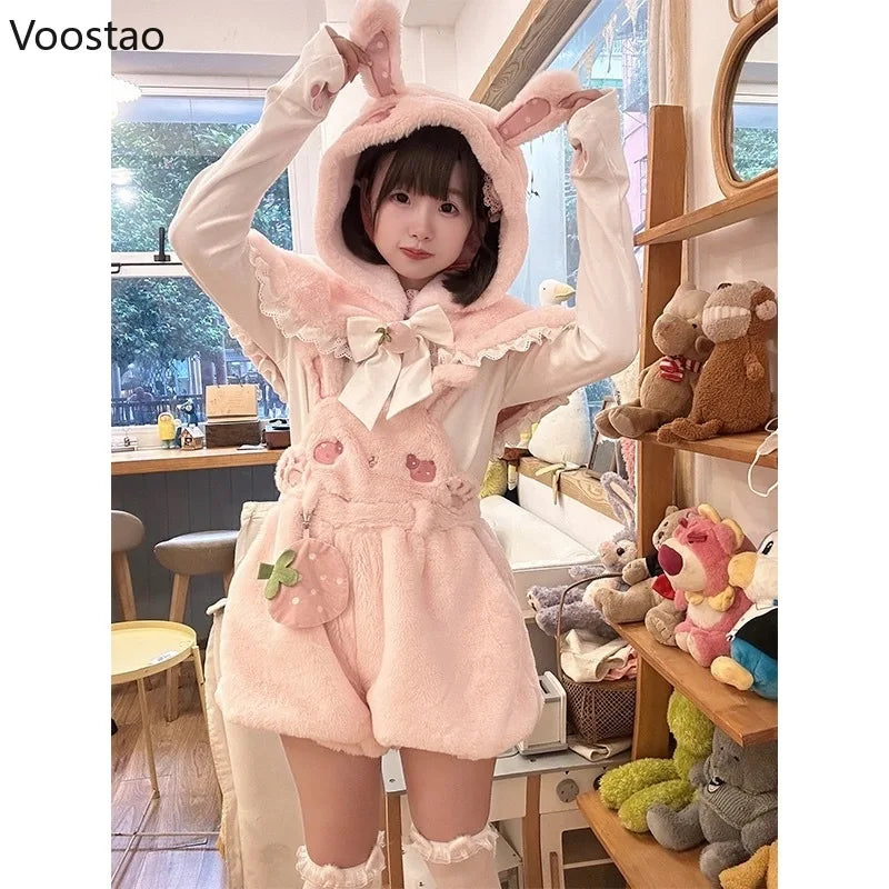 Autumn Winter Japanese Kawaii Lolita Shorts 3 Piece Sets Women Sweet Blouse Cute Shawl Cartoon Plush Overalls Suits Y2k Outfits