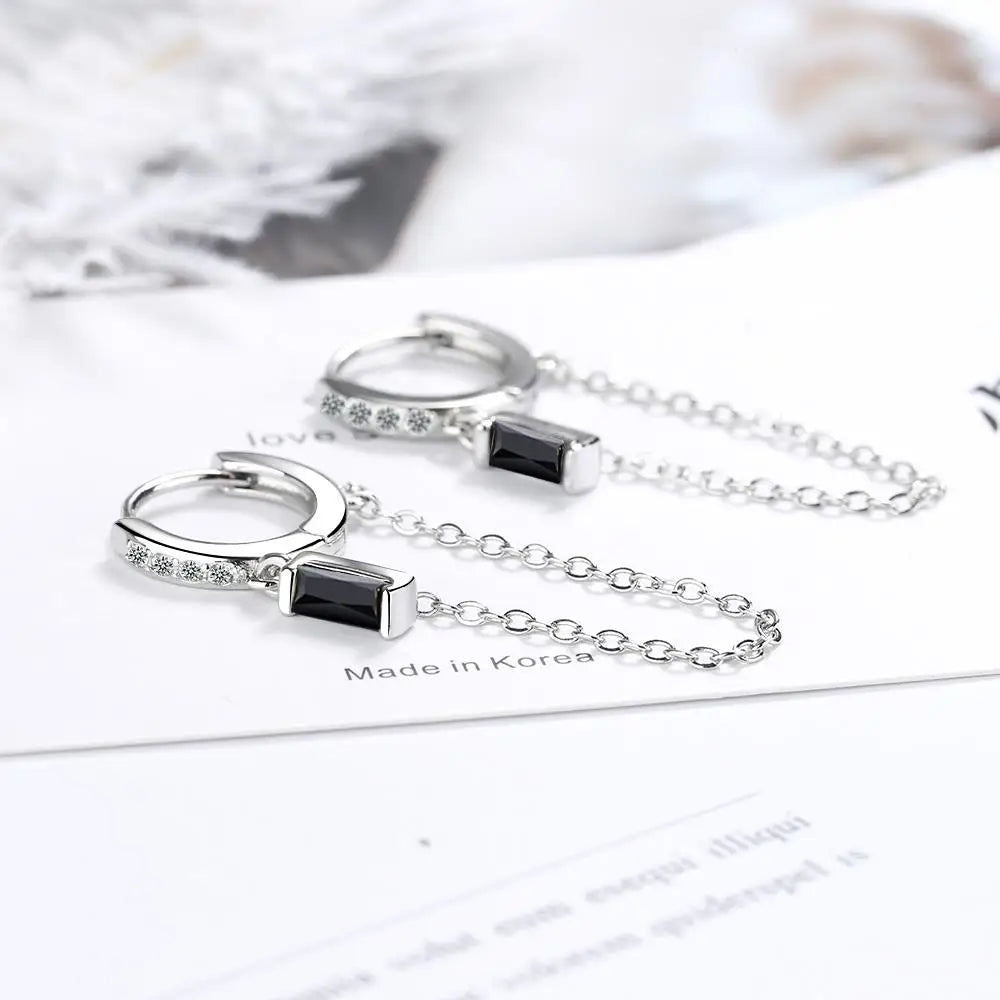 Boucles d'oreilles créoles en argent sterling 925 véritable, chaîne tendance, zircon noir, style huggy, pour femme, cadeau de mariage ou d'anniversaire, bijou raffiné DG0004