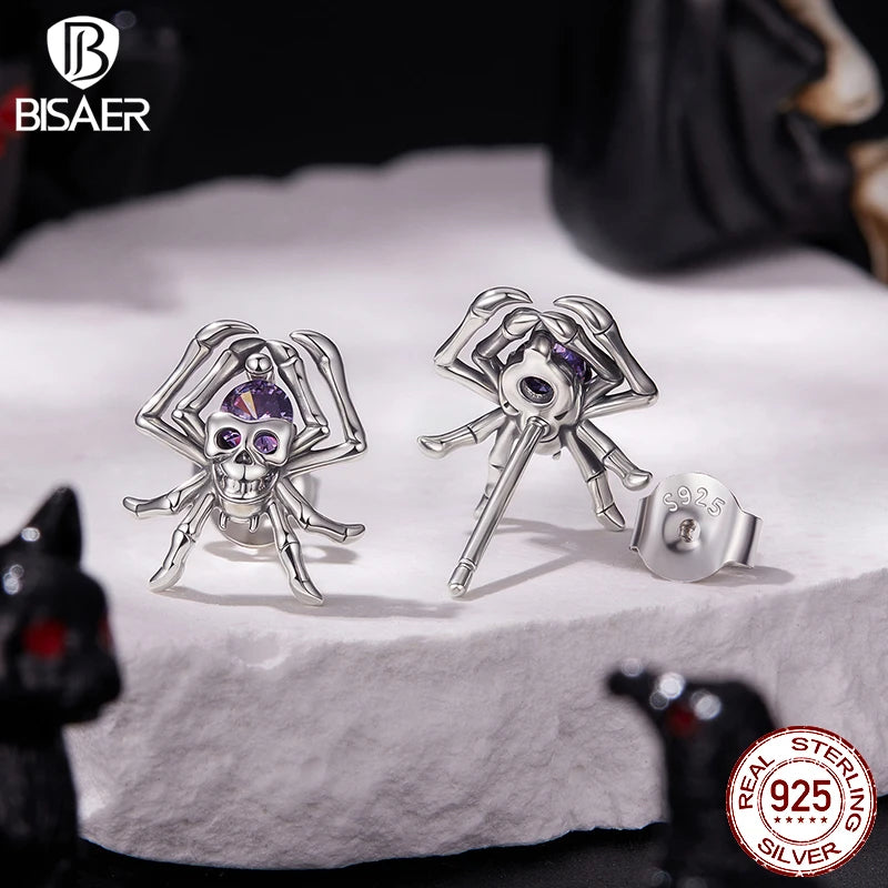 BISAER Skull Spider Stud Earrings 925 Sterling Silver Retro Spider Hypoallergenic Stud Ear for Women Fine Jewelry Halloween Gift