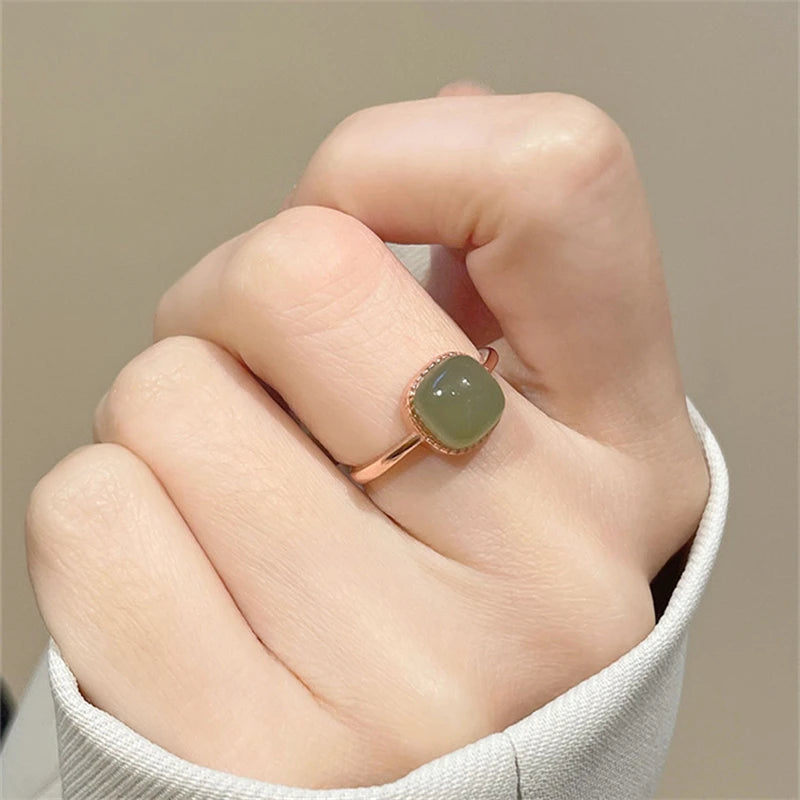 Fashion Vintage Square Imitation Jade Rings For Woman Chinese Style Simple Geometric Adjustable Finger Ring Party Jewelry Gifts