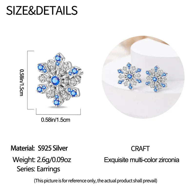 925 Sterling Silver Christmas Blue Snowflakes Tassel Diamond Earrings Red Bow for Women Creative Jewelry Christmas Themed Gifts