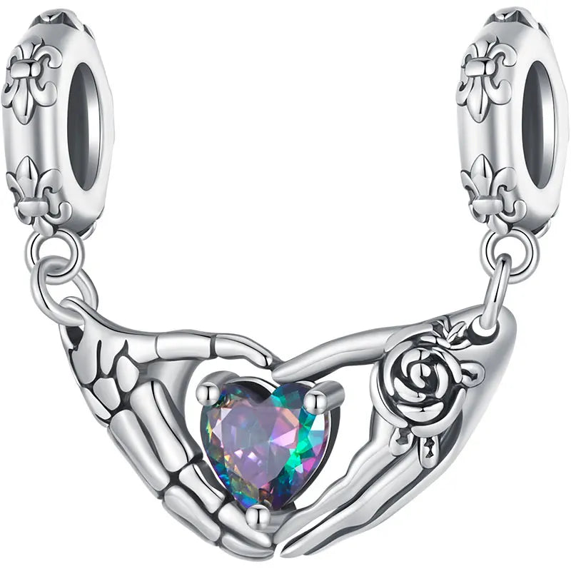 WOSTU 925 Sterling Silver Punk Vintage Skull Charm Bead Butterfly Pendant Heart Hand Safty Chain Fit DIY Bracelet Jewelry Making