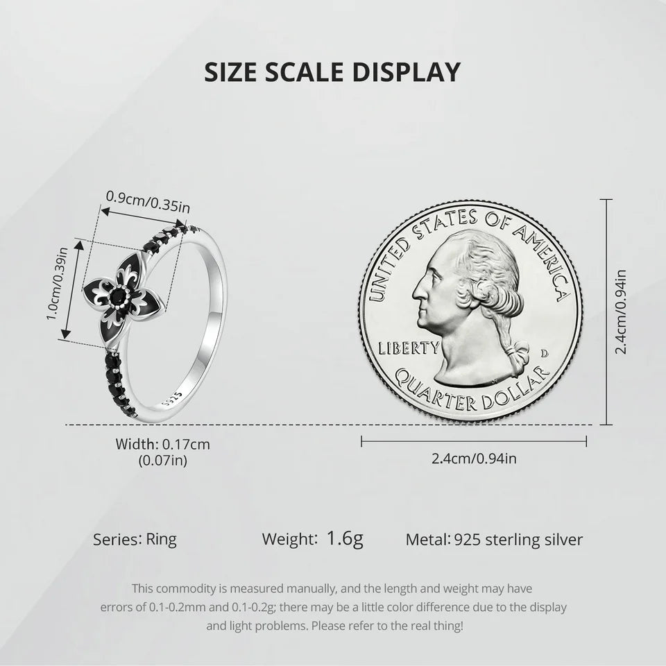Bague BISAER en argent sterling 925 avec fleur de nuit et zircone noire pour femme - Cadeau original pour fête - ECR1075