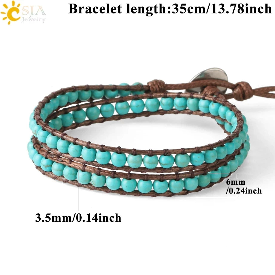 CSJA Turquoise Man Bracelet Bohemian Handmade Braides Bangle Indian Agate Crystal Beaded Double Layer Bracelets Women Homme S625
