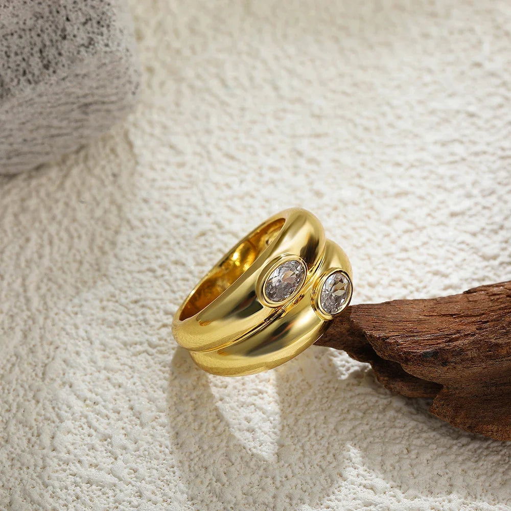 Vintage Double Round Circle Polished Gold Plated Zircon Knuckle Ring Anti Allergic Metal Stainless Steel Teardrop Crystal Rings