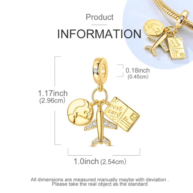 925 Sterling Silver Golden Charms CZ Zirconium Luggage Cross Traveling Dangle Bracelet DIY Jewelry Gifts for Women